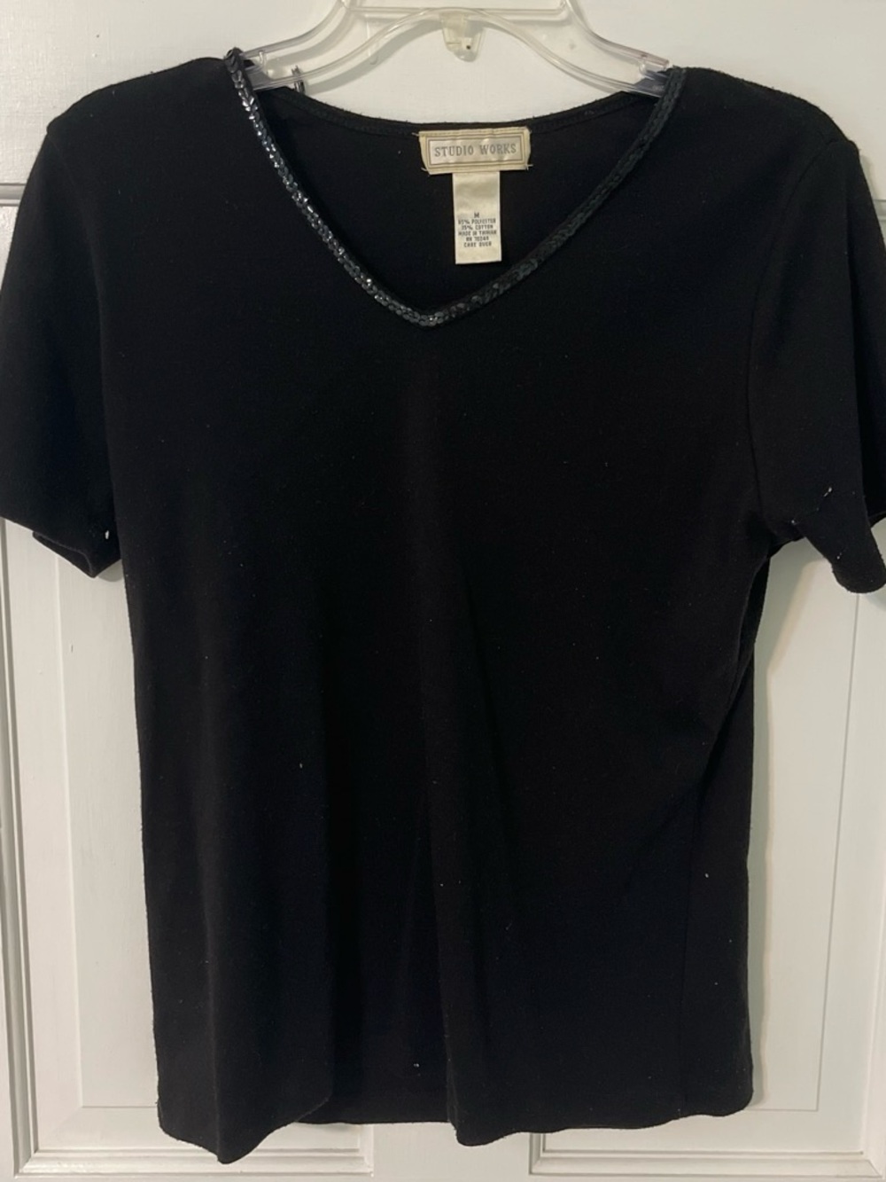 Studio Works Black Short Sleeve V-Neck Top with Sequin Trim